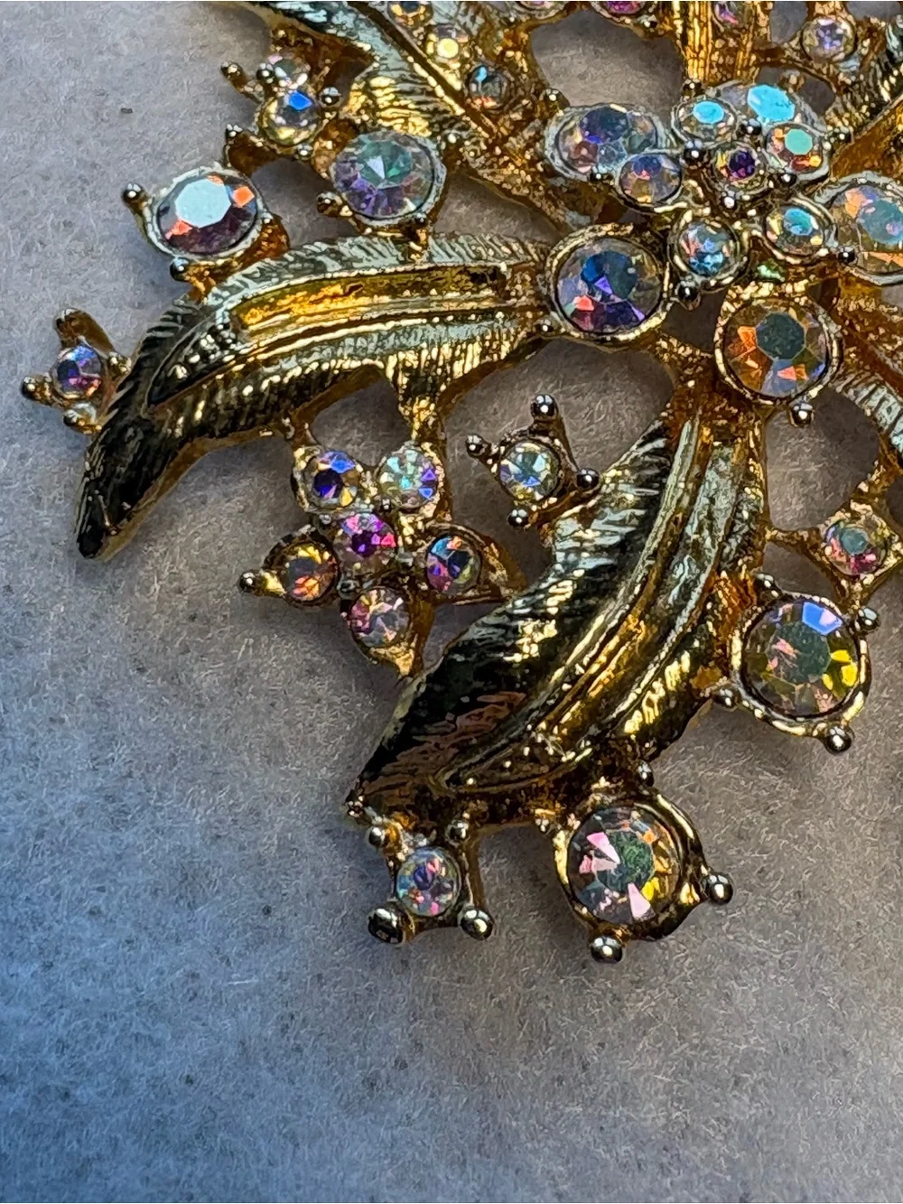 Vintage Gold Tone Floral Flower Spray Brooch With Aurora Borealis Rhinestones
